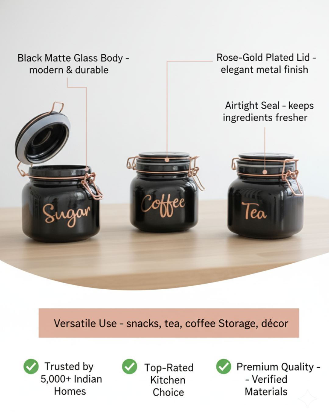Black Glass Storage Jars with Rose Gold Lids