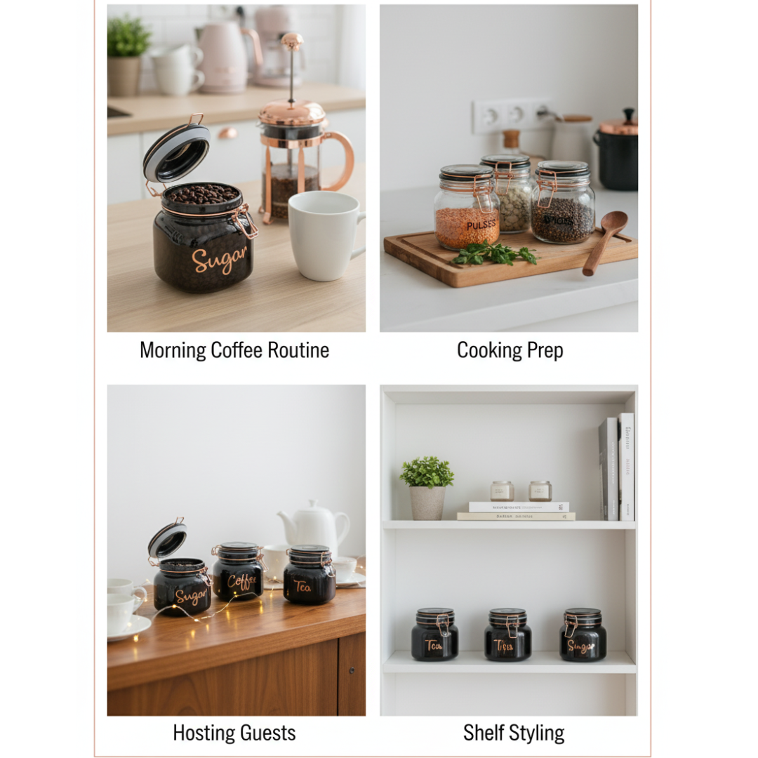 Black Glass Storage Jars with Rose Gold Lids