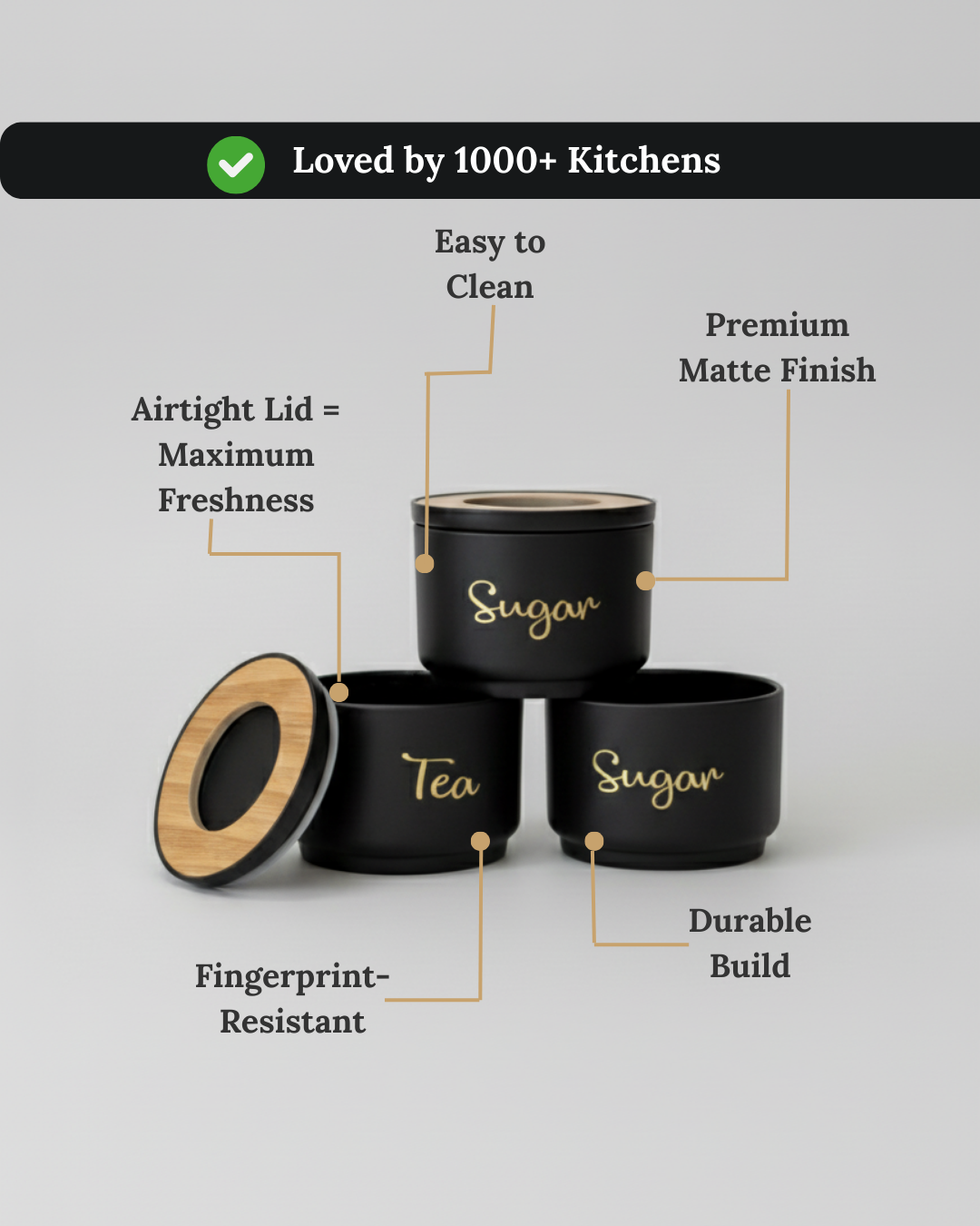Matte Black Tea Coffee Sugar Container Set
