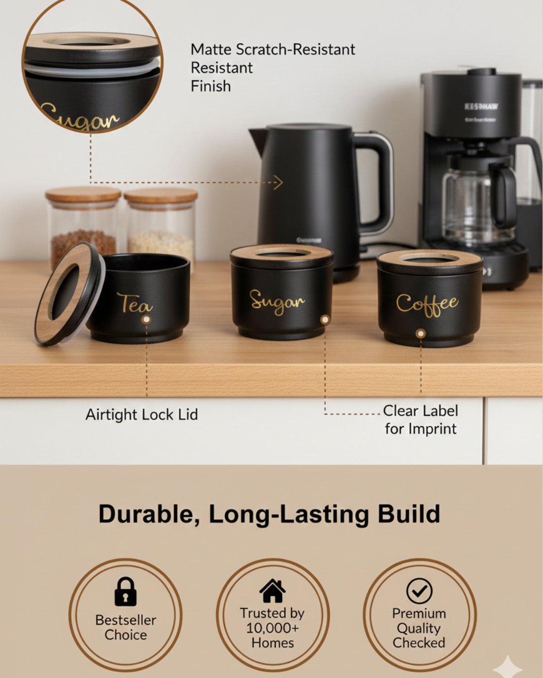 Matte Black Tea Coffee Sugar Container Set