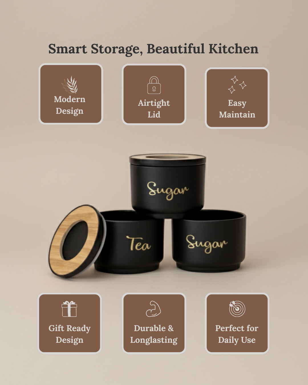 Matte Black Tea Coffee Sugar Container Set