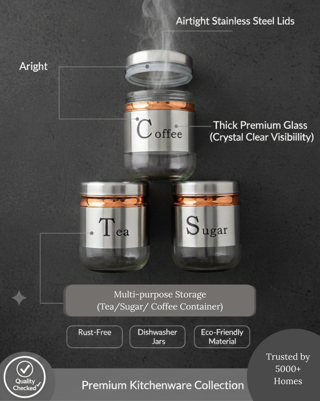 "Stainless Steel Tea Coffee Sugar Glass Jar Set