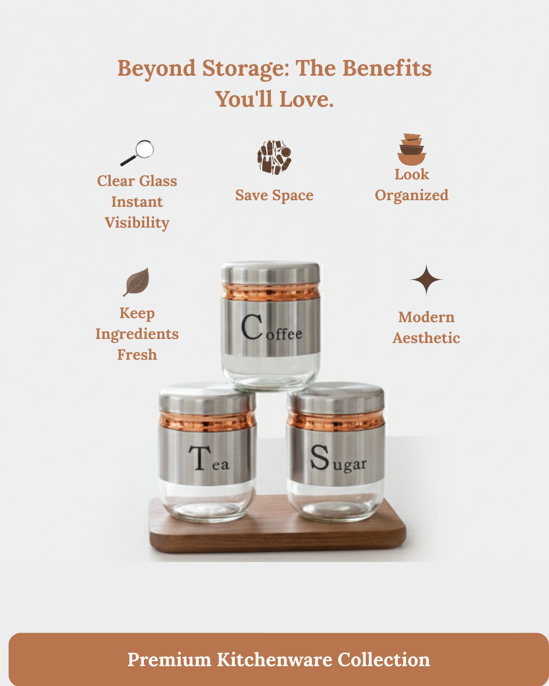 "Stainless Steel Tea Coffee Sugar Glass Jar Set