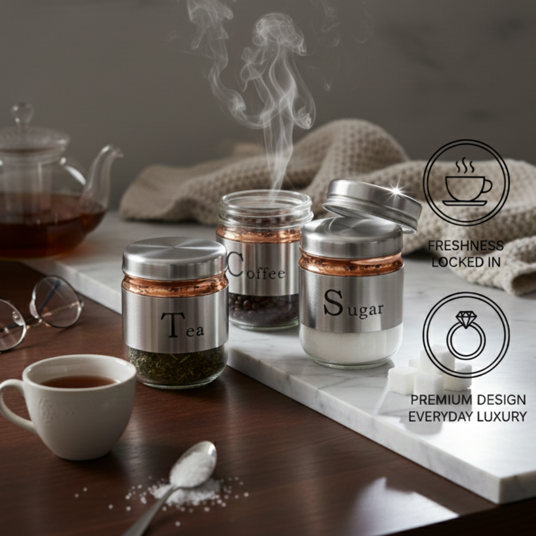 "Stainless Steel Tea Coffee Sugar Glass Jar Set