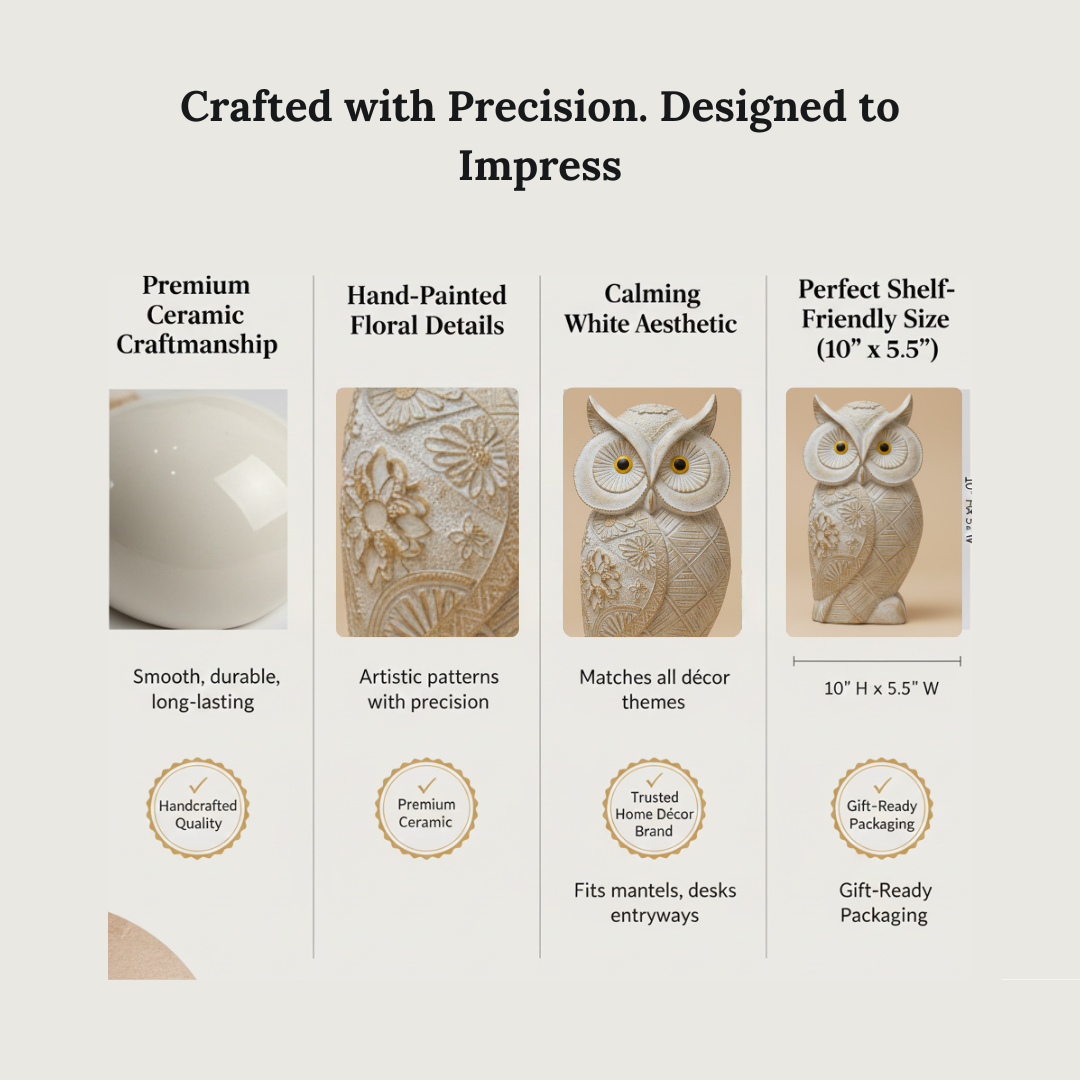 Rustic Charm Floral White Owl Showpiece – Handcrafted Ceramic Home Decor