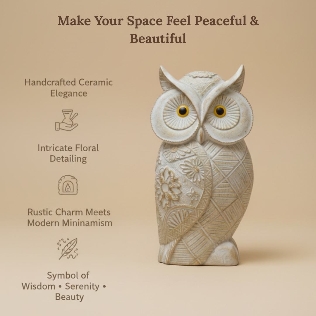 Rustic Charm Floral White Owl Showpiece – Handcrafted Ceramic Home Decor