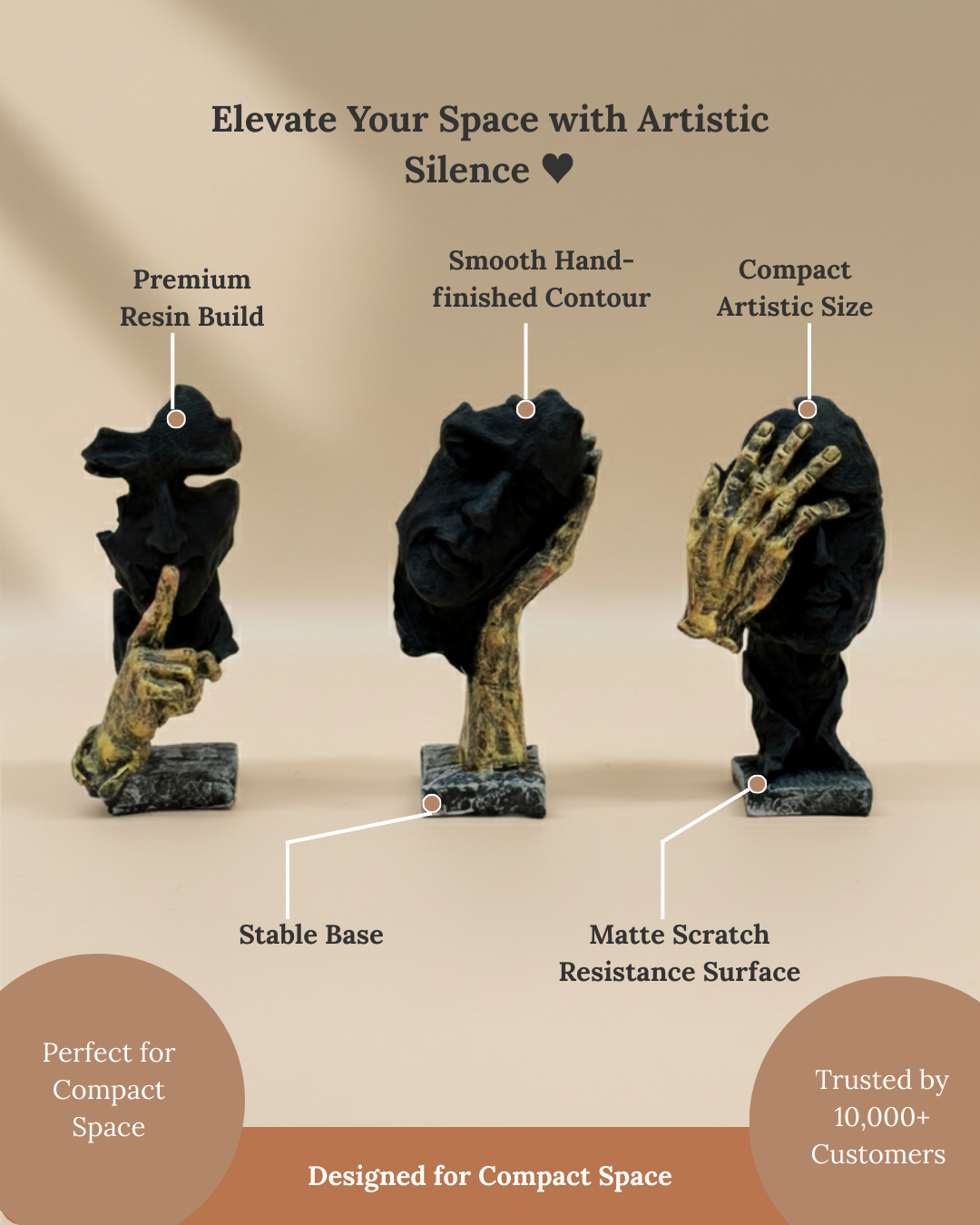 Trio of “Silent Expressions” Abstract Face & Hand Sculptures