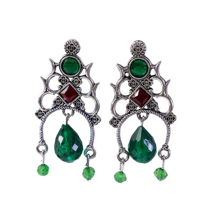 Antique Silver Green Stone Drop Earrings