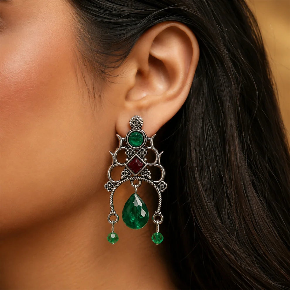 Antique Silver Green Stone Drop Earrings