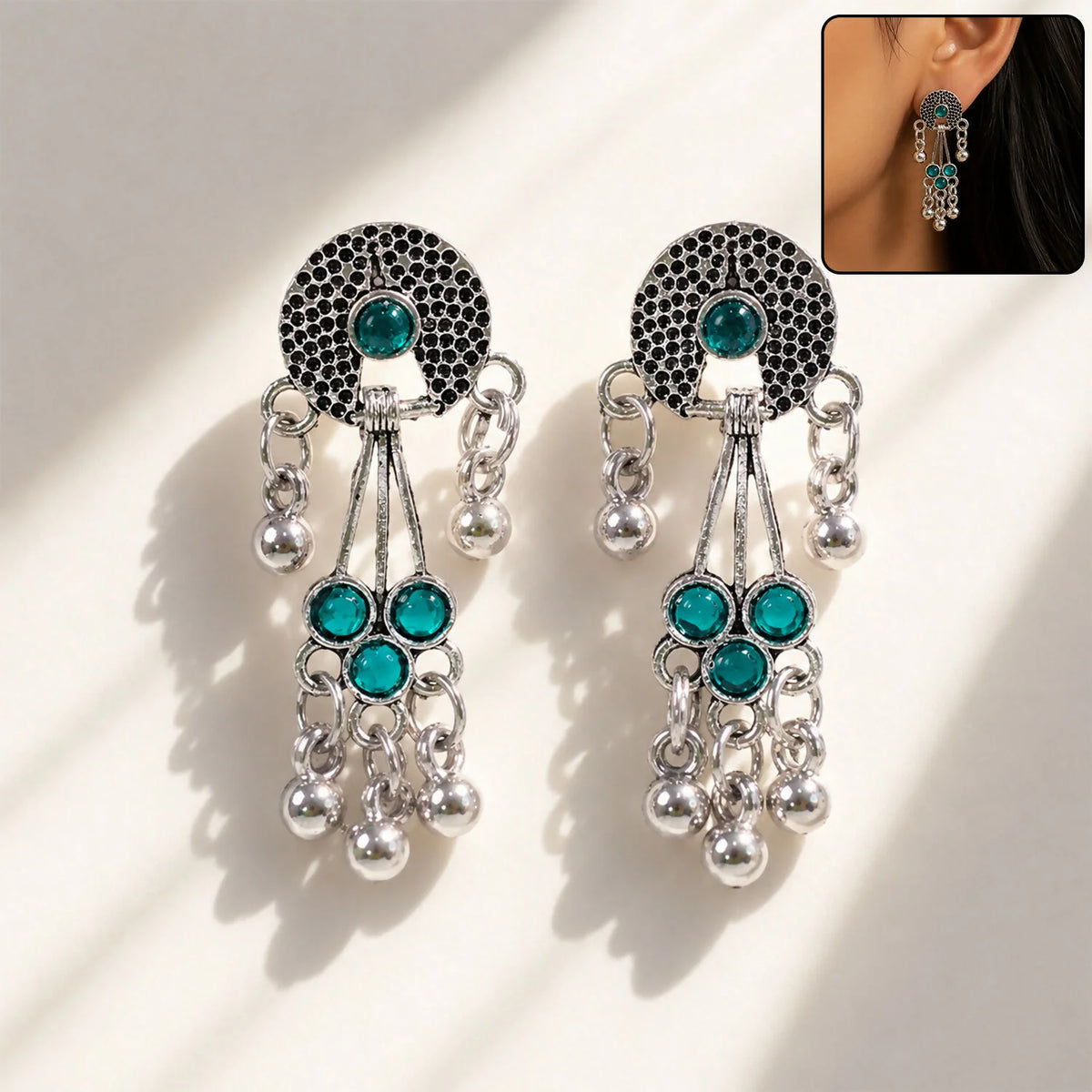 Antique Silver Teal Stone Drop Earrings