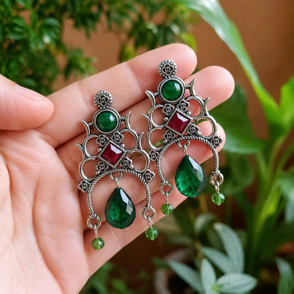 Antique Silver Green Stone Drop Earrings